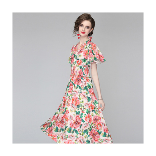 连衣裙女短袖2021设计感小众夏碎花显瘦法式不规则荷叶袖中长裙子