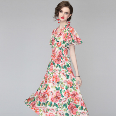 连衣裙女短袖2021设计感小众夏碎花显瘦法式不规则荷叶袖中长裙子