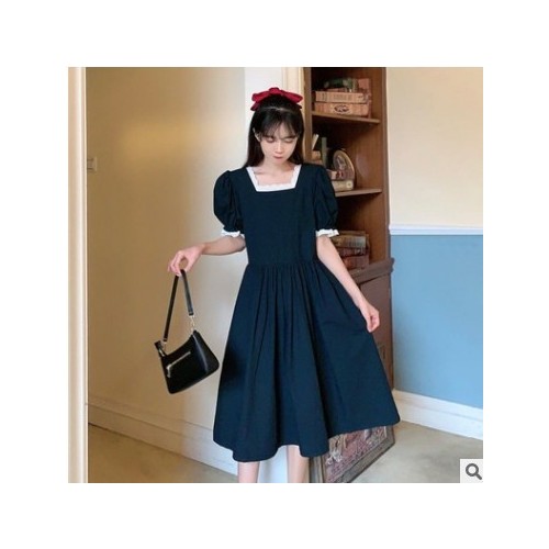 夏季裙子2021新款法式复古黑色连衣裙女小个子森系甜美短袖A字裙
