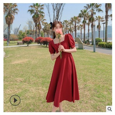 2021新款女装韩版方领红色雪纺连衣裙中长款气质泡泡袖法式裙子夏