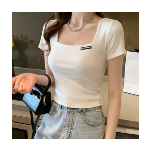 短袖T恤女2021夏季韩版新款气质方领纯色简约露脐短款修身上衣