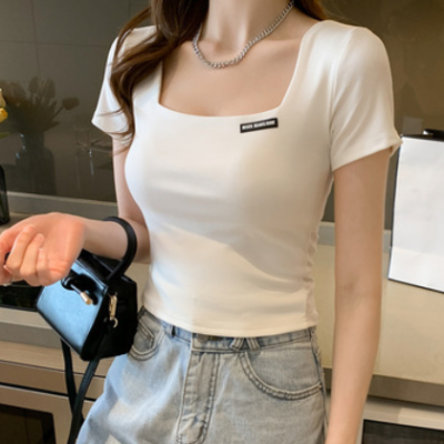 短袖T恤女2021夏季韩版新款气质方领纯色简约露脐短款修身上衣