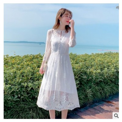 芭碧尔女装新款波西米亚风情白色蕾丝刺绣重磅真丝连衣裙08002