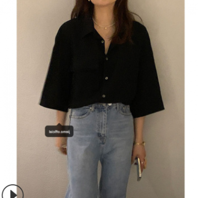黑色衬衫女2021夏季韩版薄款设计感慵懒宽松上衣简约复古短袖衬衣