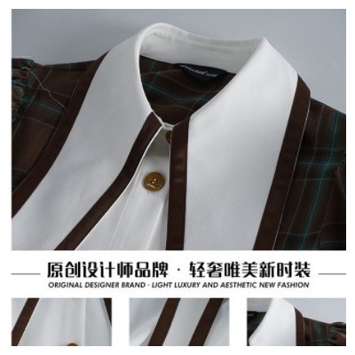 S3608气质小众衬衫春季新款格纹尖领长袖单排扣设计感衬衣女宽松
